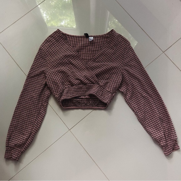 H&M Pink Plaid Crop Wrap Top - Picture 1 of 7